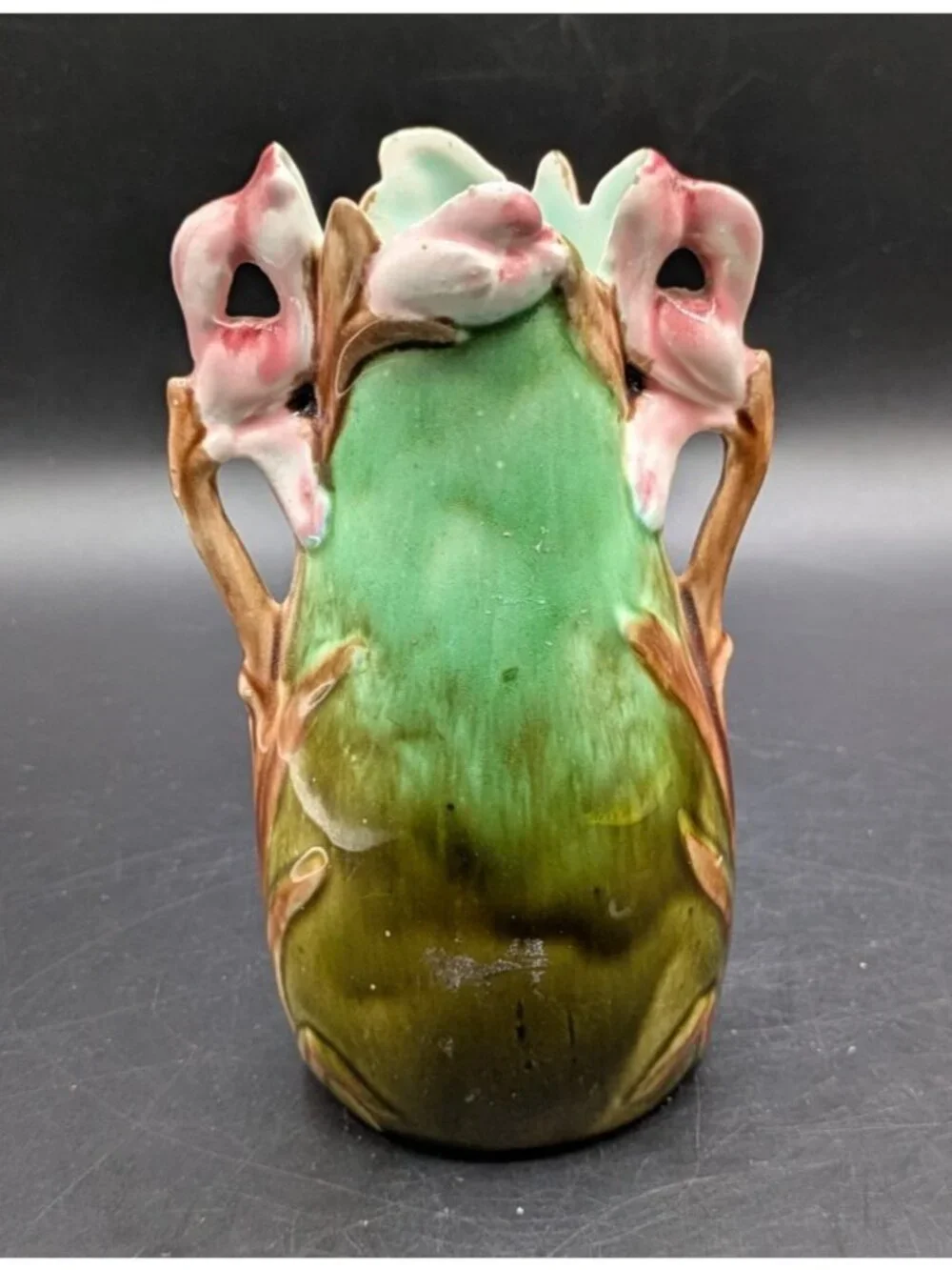 Antique Art Nouveau French Majolica Barbotine Naturalistic Floral Vase 5.5”